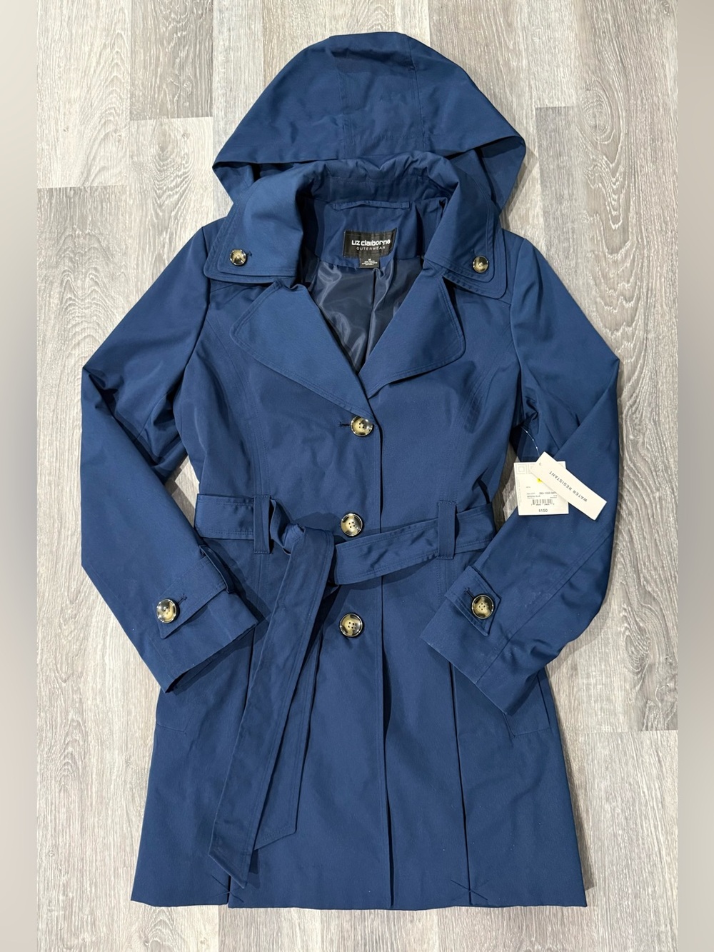 Liz Claiborne Womens Blue Hooded Belted Lined Trench Coat M Mid-Length